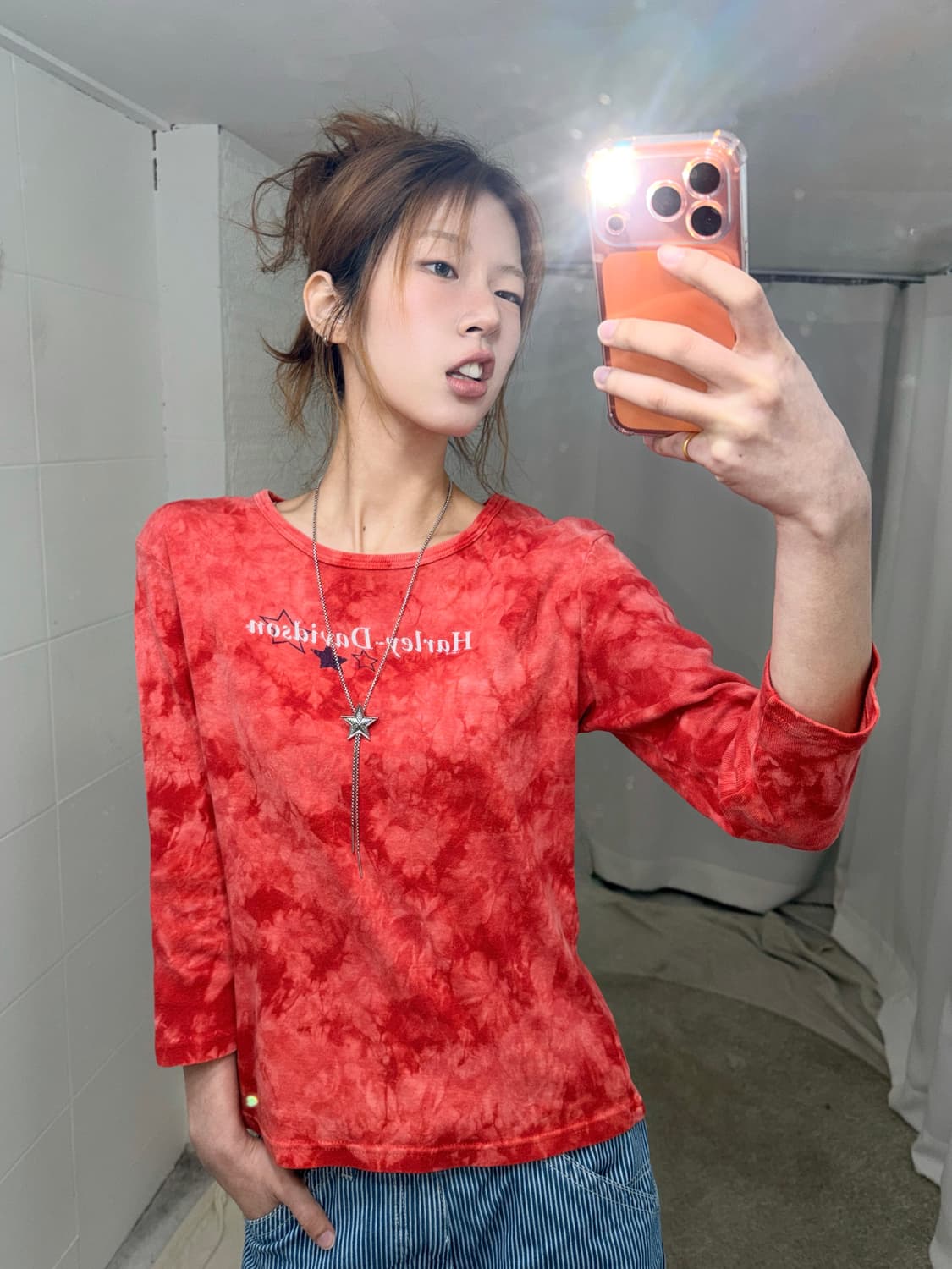 할리데이비슨 프린팅 레드 타이다이 7부 티셔츠 상품이미지1