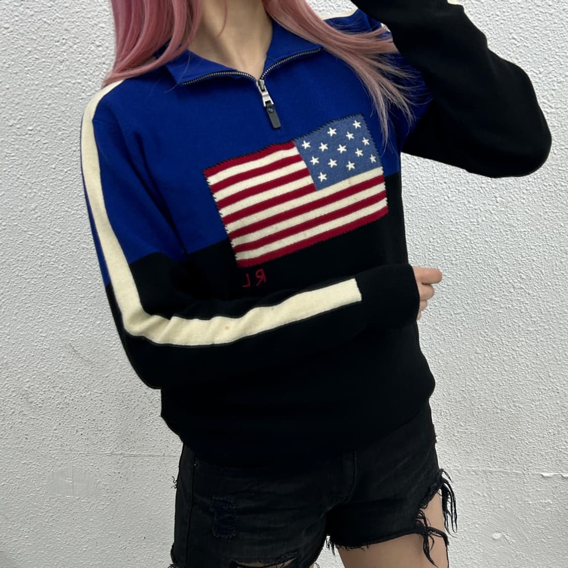 폴로 랄프로렌 성조기 블루 배색 블랙 니트 반집업 XL 상품이미지2