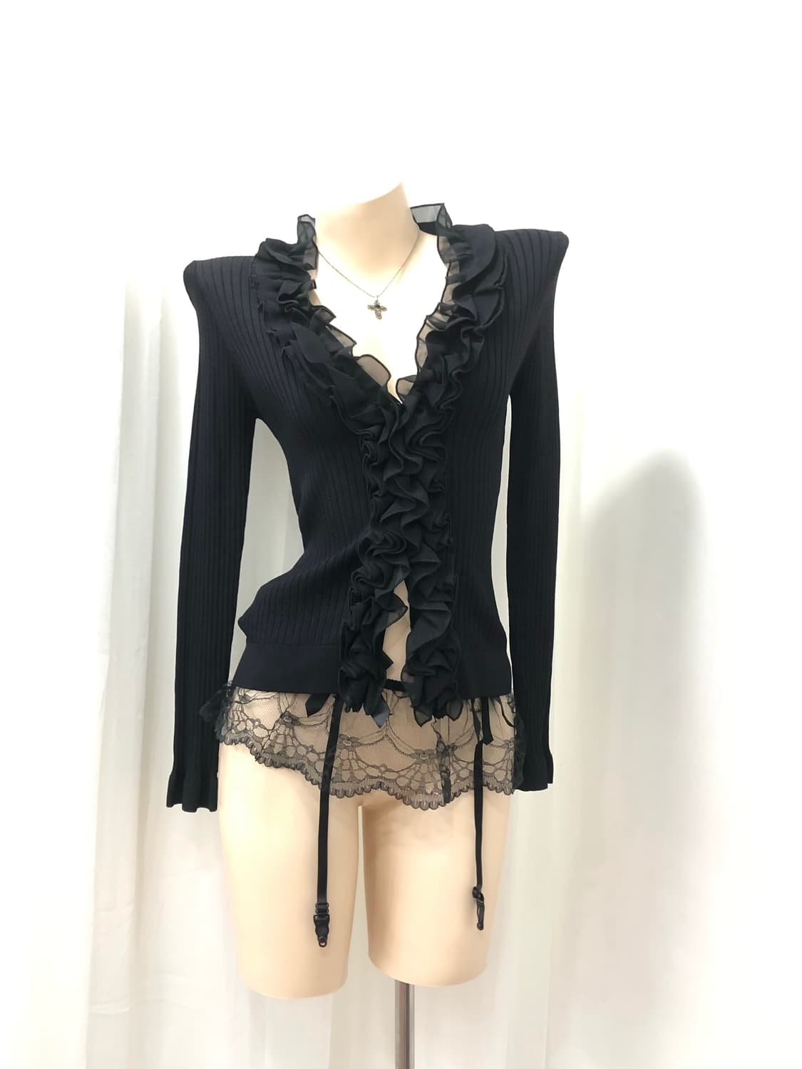 black fairy frill detail ribbed cardigan 상품이미지2