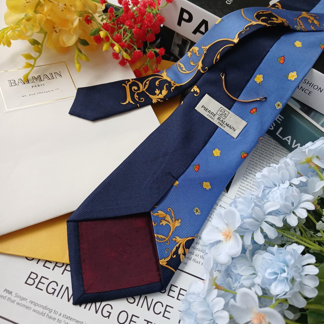 피에르 발망 실크 블루 오너먼트 패턴 넥타이 9.9cm A등급 E1092 상품이미지5