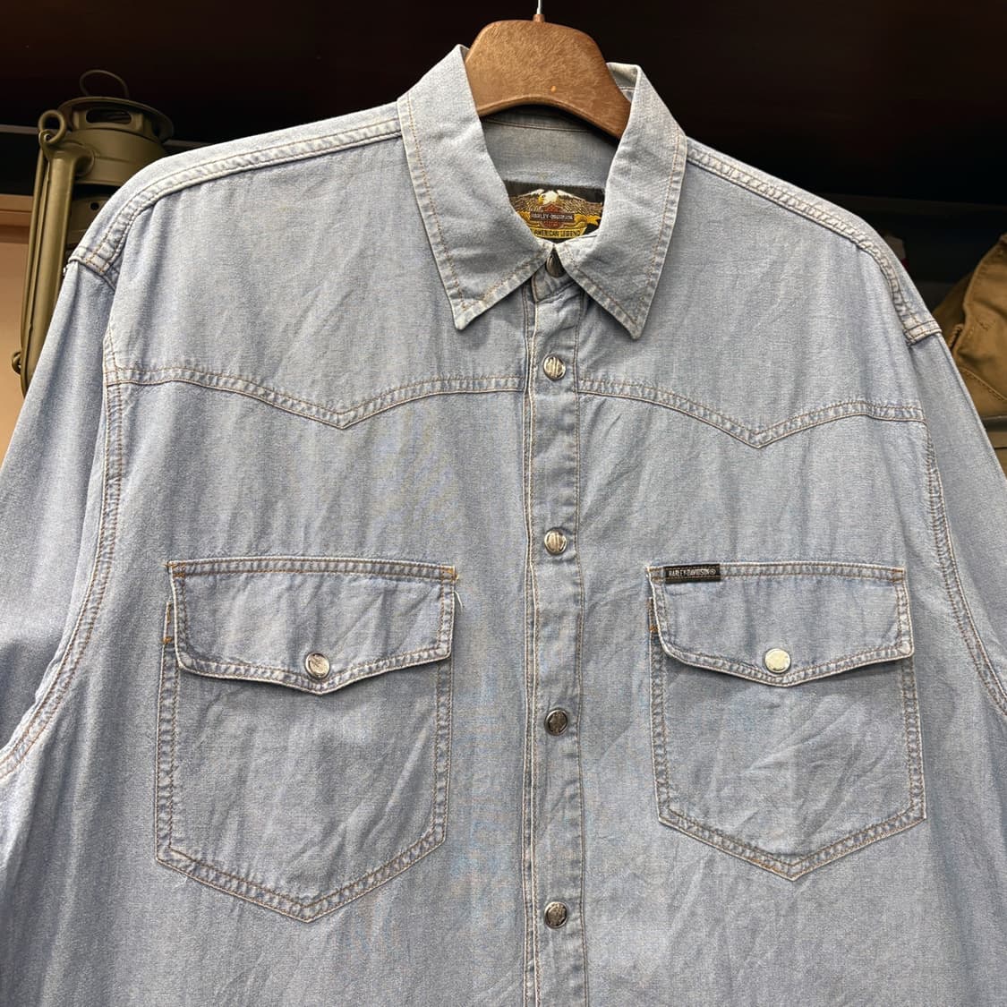 90s 할리데이비슨 웨스턴 요크 포켓 데님셔츠 로고 스탭버튼 N718 상품이미지3