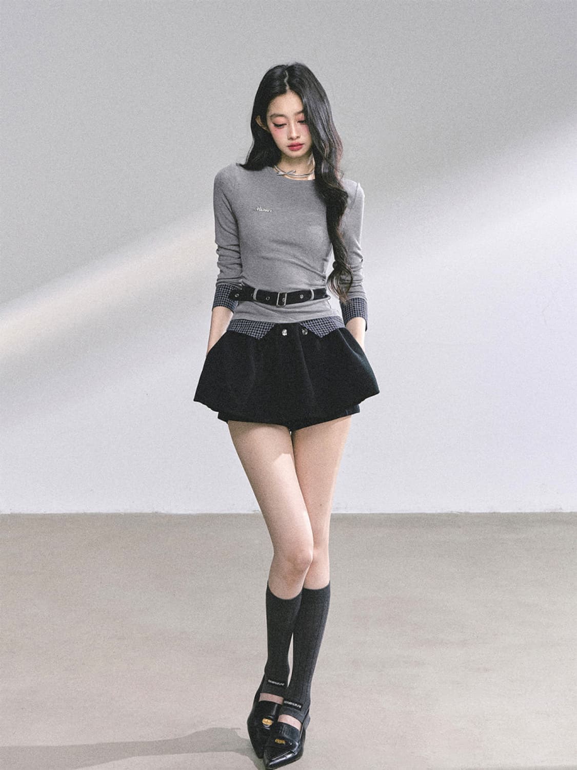 ShaoyeEye 플레드 티셔츠 슬림핏 벨트티 상품이미지2