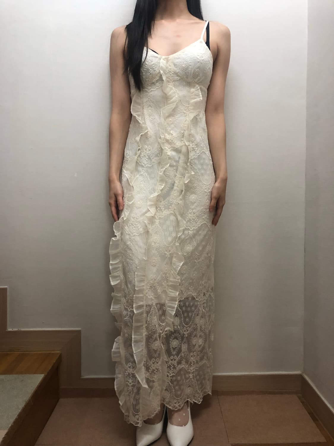 빈티지 아이보리 프릴 레이스 롱 원피스 상품이미지3