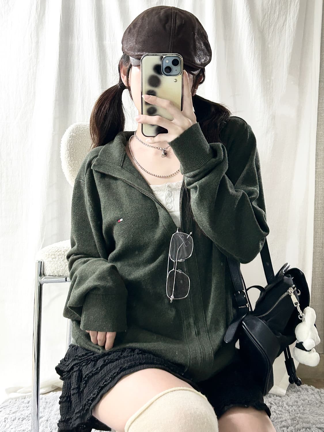 타미힐피거 스몰로고 캐시혼방 카키 니트집업 상품이미지4