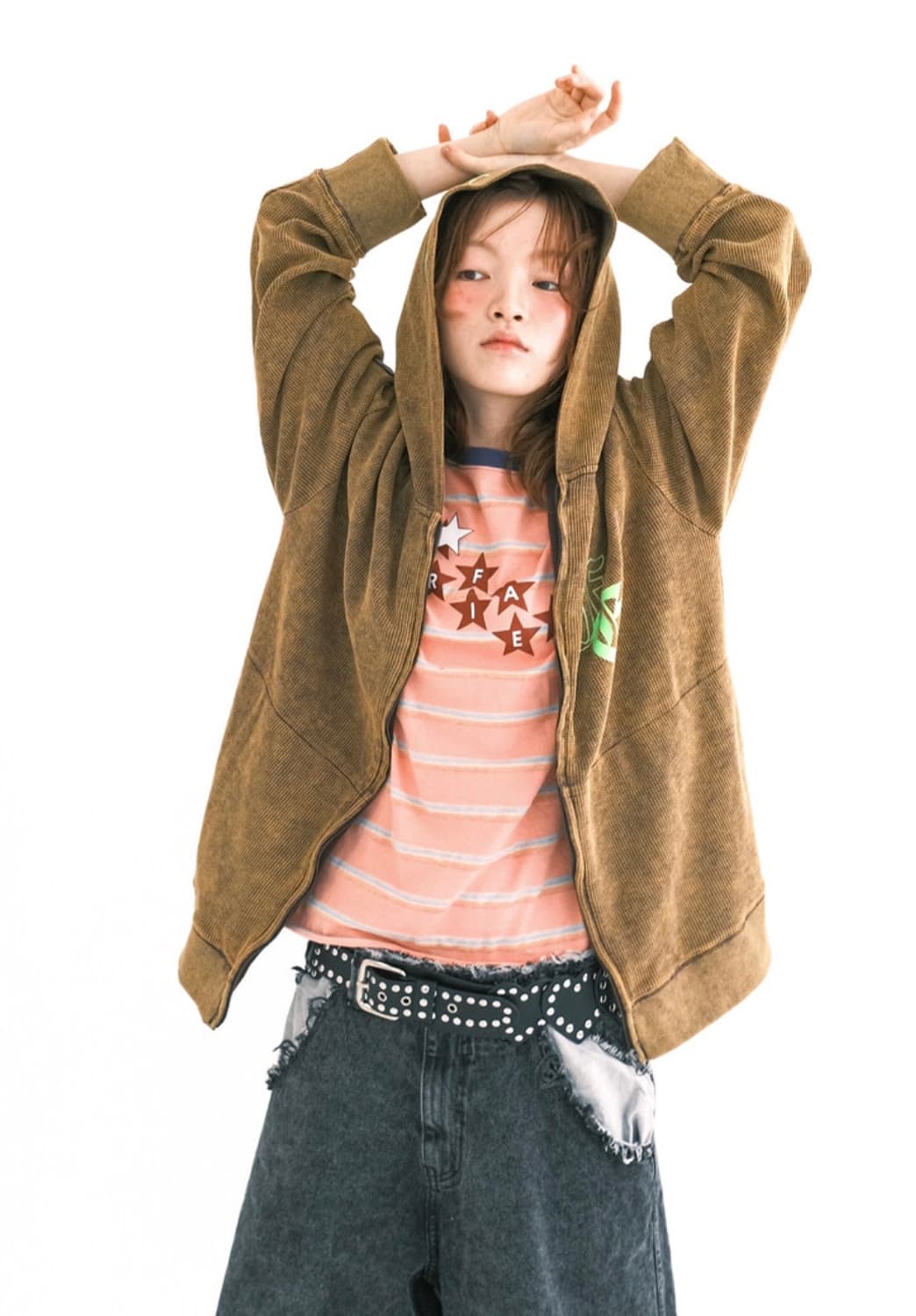 샵페어리 컬러 워싱 와플 집업 브라운 상품이미지1