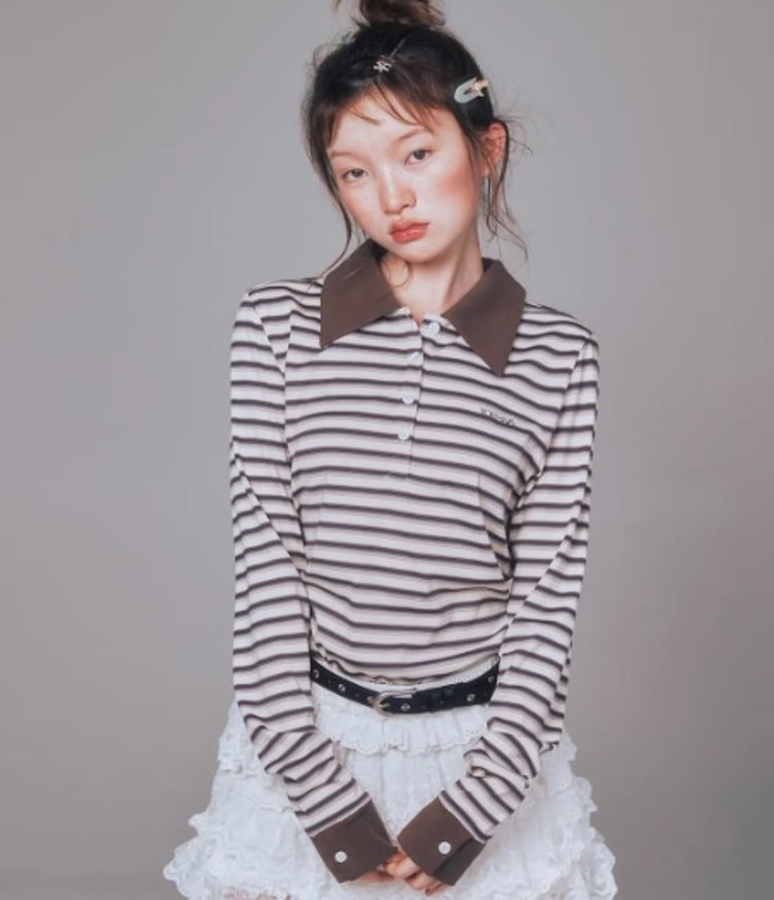 유희 STRIPE LONG SLEEVE PK T-SHIRTS BROWN 상품이미지1