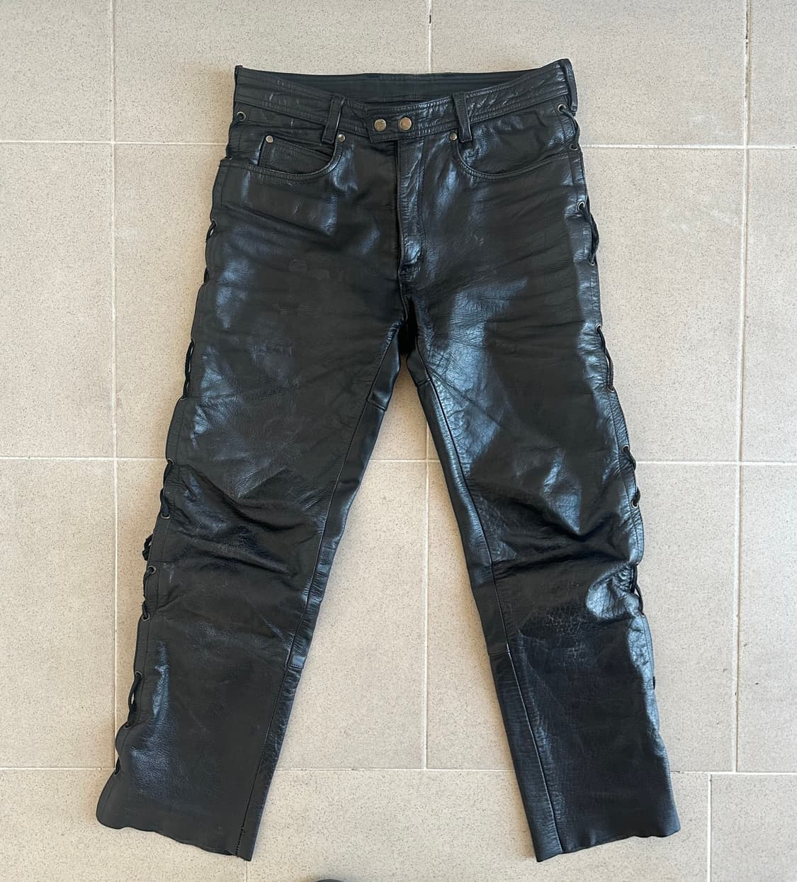 빈티지 레이스업 레더 팬츠 블랙 상품이미지1