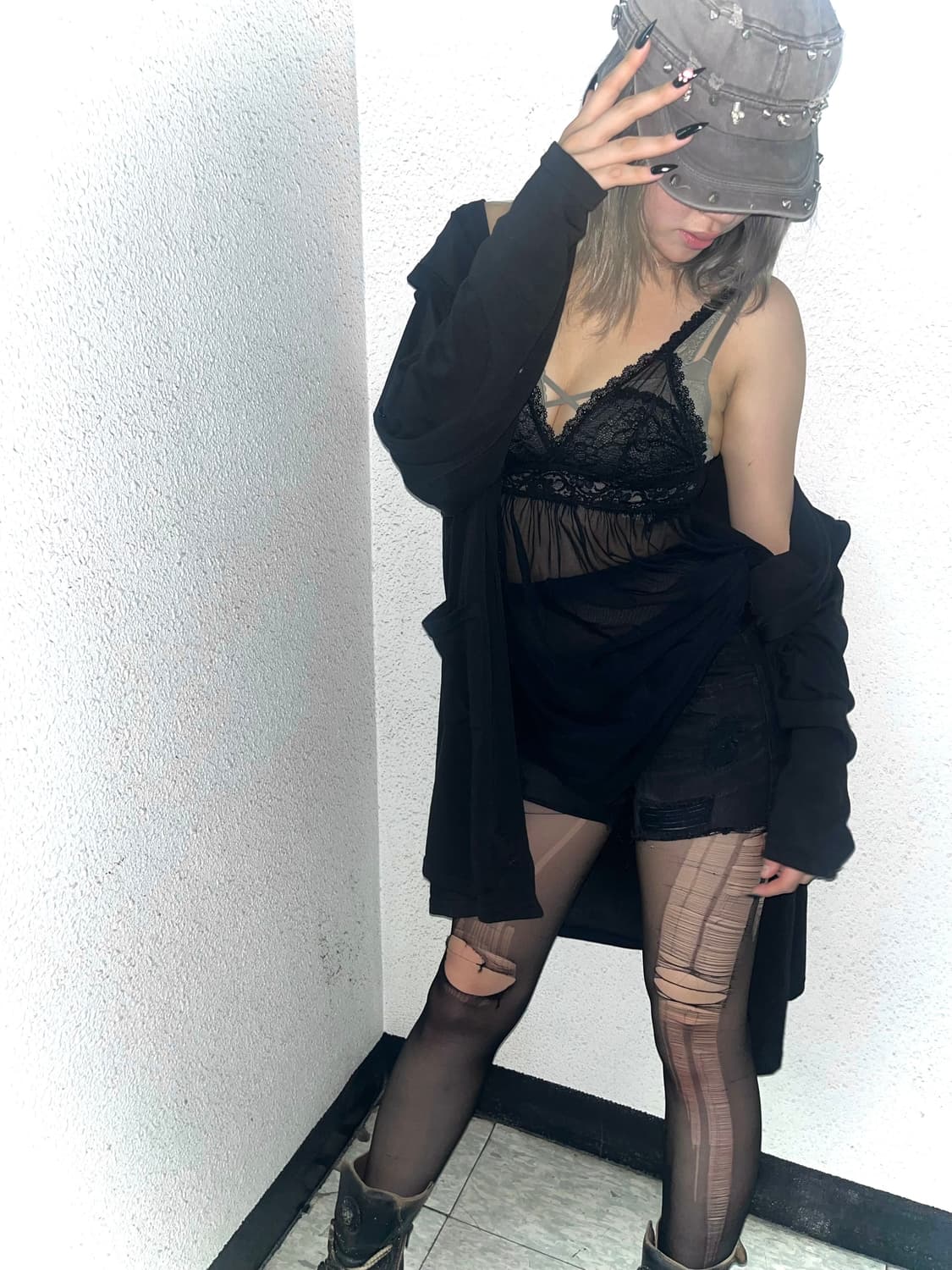 black see-through lace sleeve 상품이미지4