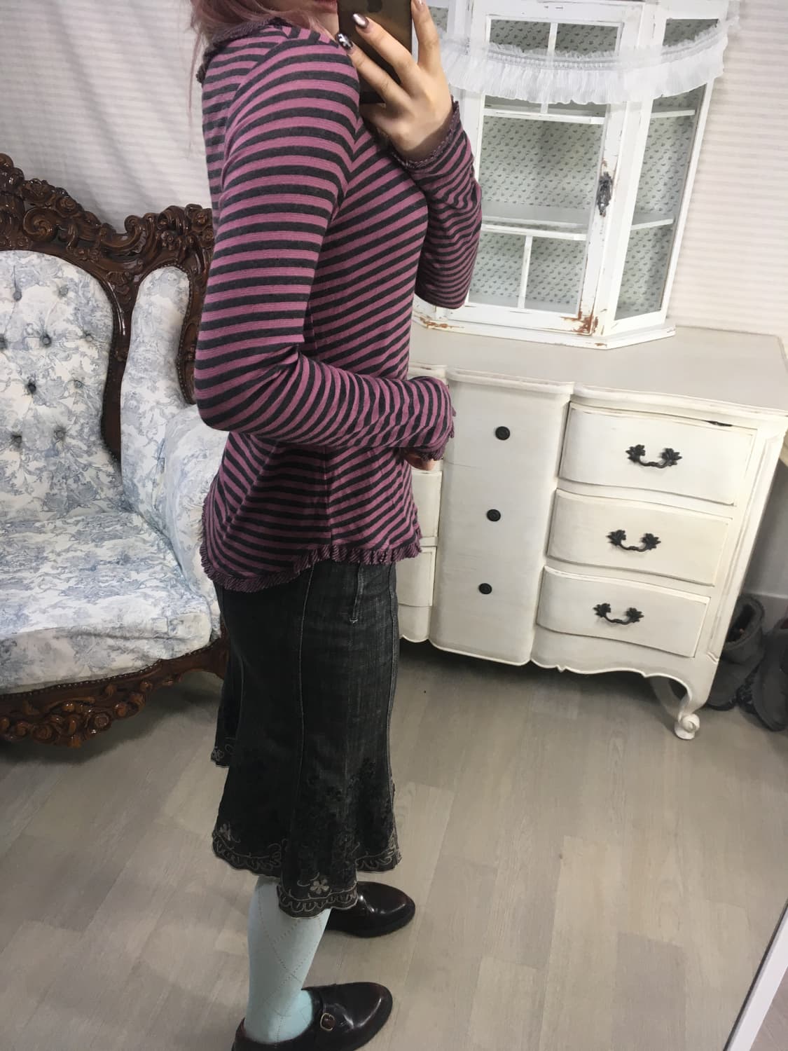 jpn vintage pink stripe frill knit 상품이미지5