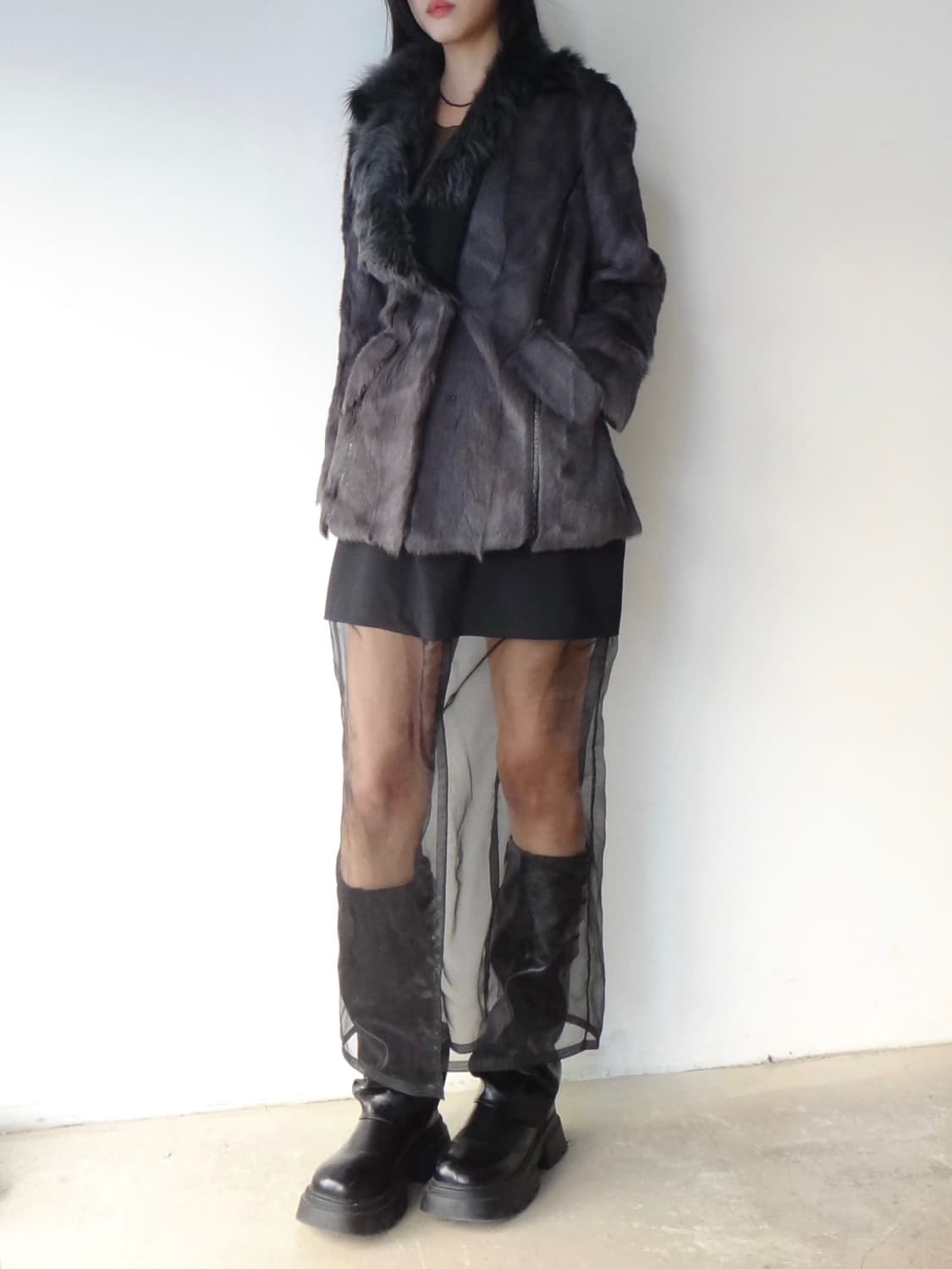 Stitch leather mix fur jacket / grey 상품이미지6