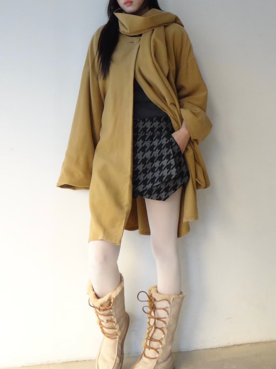 Neck warmer layered coat / mustard 상품이미지8