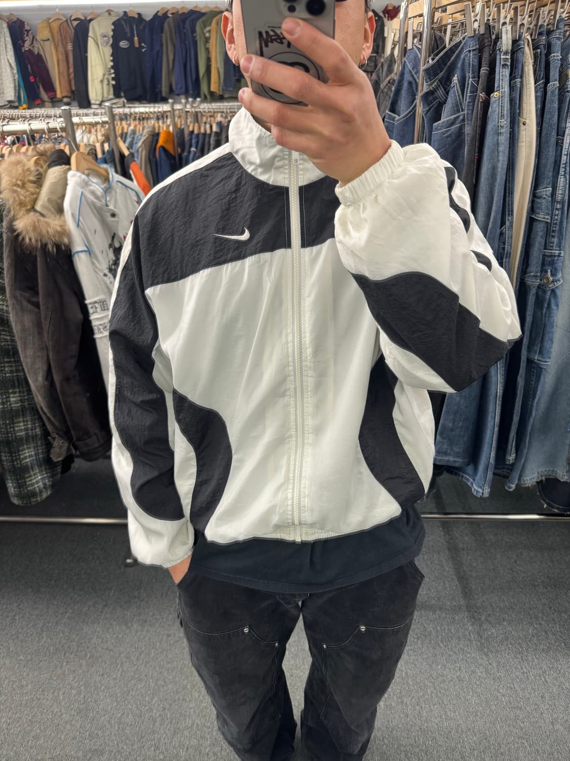 M)90’s나이키 빈티지 올드스쿨 흰/검 바람막이 트랙자켓 상품이미지1
