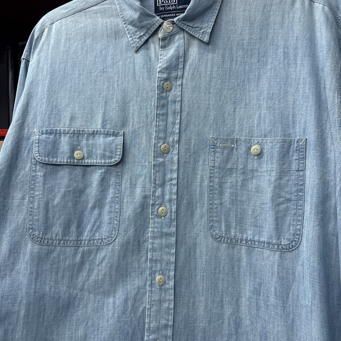 90s 폴로 랄프로렌 뉴 덩가리 샴브레이 워크셔츠 캣아이버튼 N1083 상품이미지6