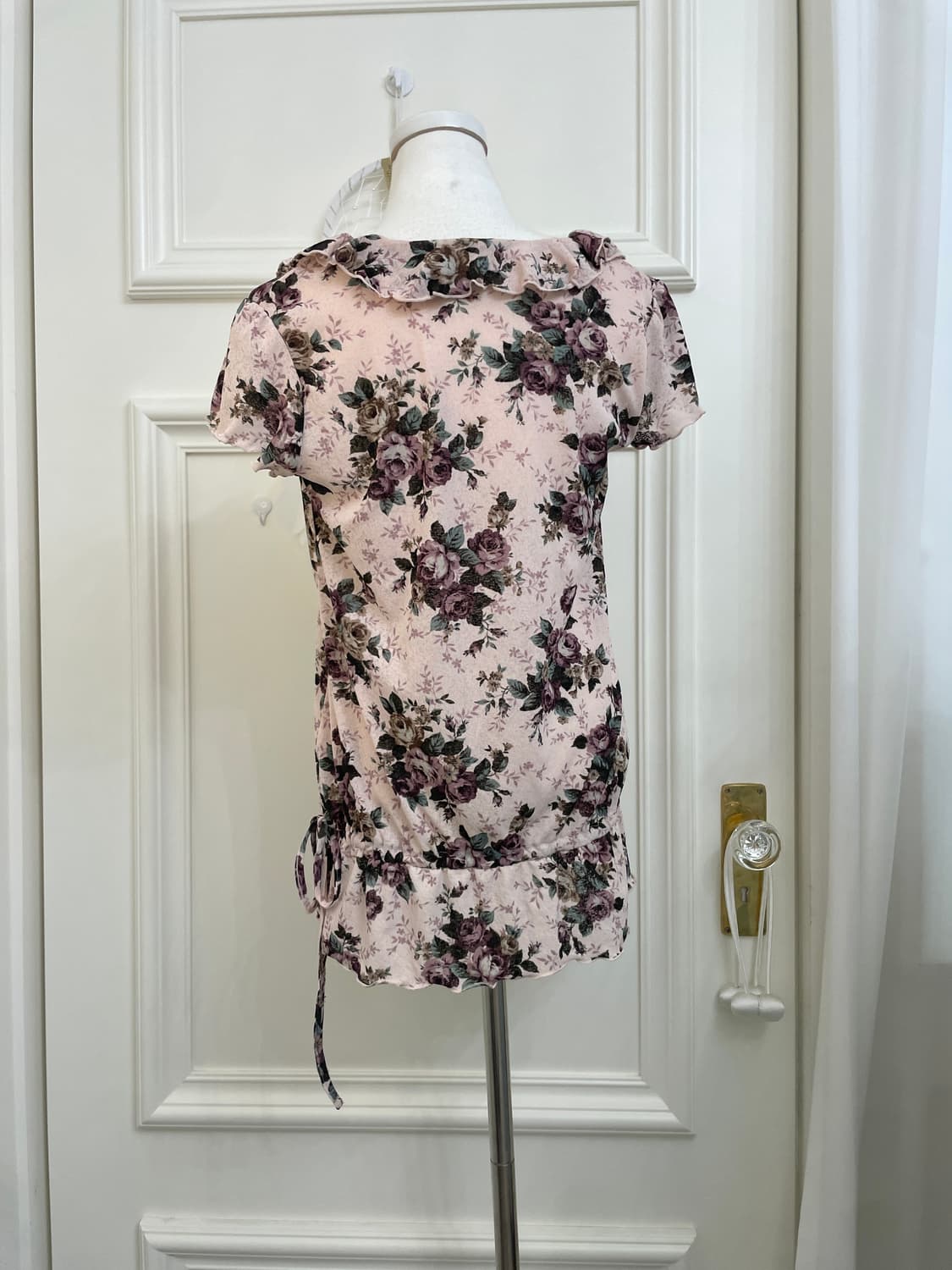 purple flower ruffle string top(size-M) 상품이미지3