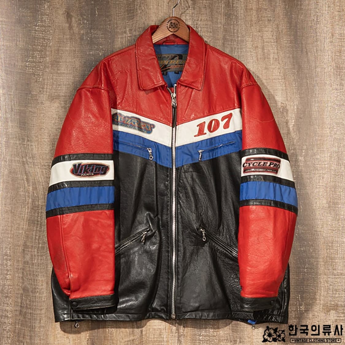 [3XL] 80s~ 아비렉스 컬러블럭 레더 레이싱 자켓  상품이미지1