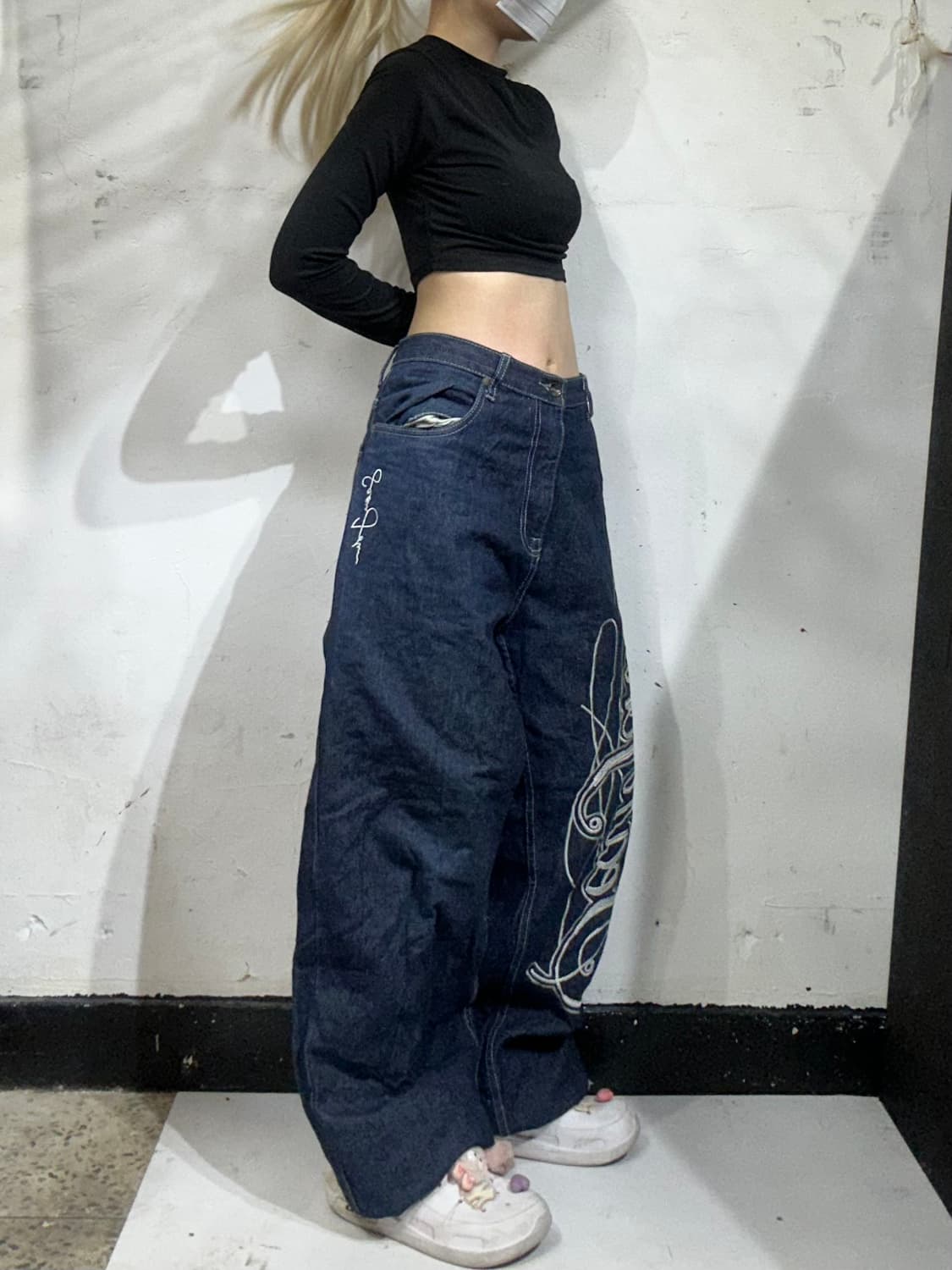 90s 션 존 진청 와이드 자수 올드스쿨 힙합 새깅 팬츠 청바지 36 상품이미지1