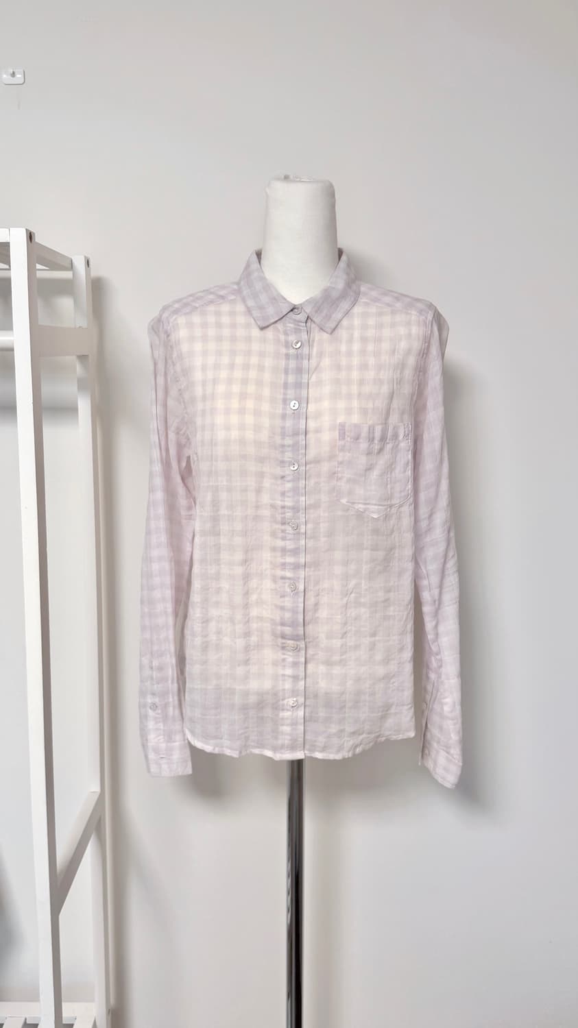 일본빈티지 모리걸 자개단추 보라체크 긴팔셔츠 상품이미지1