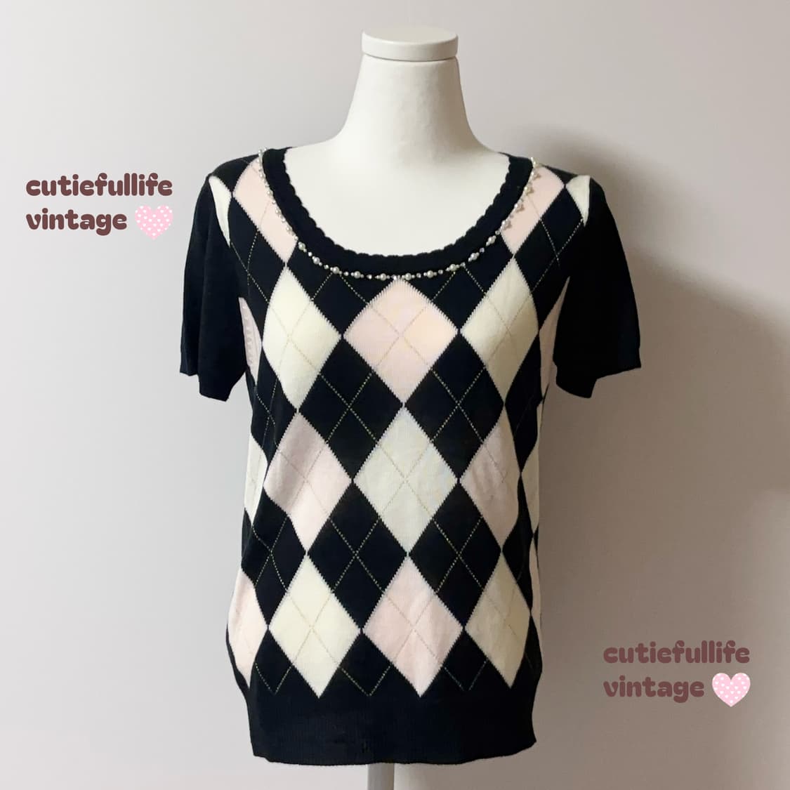 딸기우유 아가일 반팔 니트 탑 히메갸루 상품이미지2