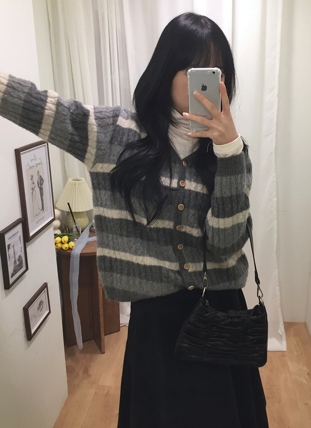 여성 빈티지 스트라이프 버튼 가디건 100 상품이미지1