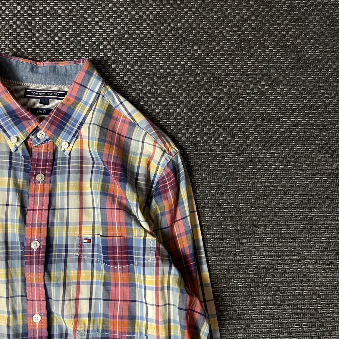 타미힐피거 빈티지 레드 옐로우 블루 체크 긴팔 셔츠 슬림핏 L 상품이미지3