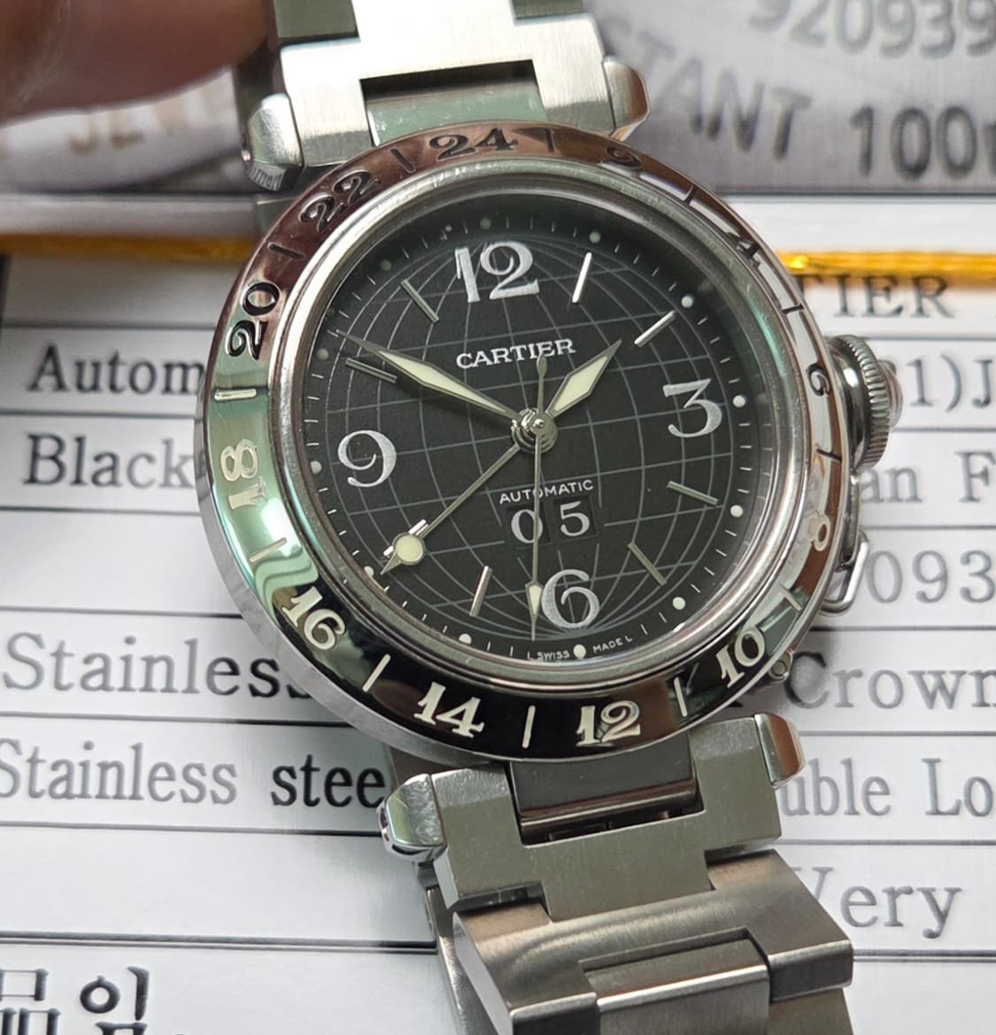 레어] 까르띠에 파샤 GMT 지구본 블랙판 빅데이트 36mm 브레이슬릿  상품이미지2