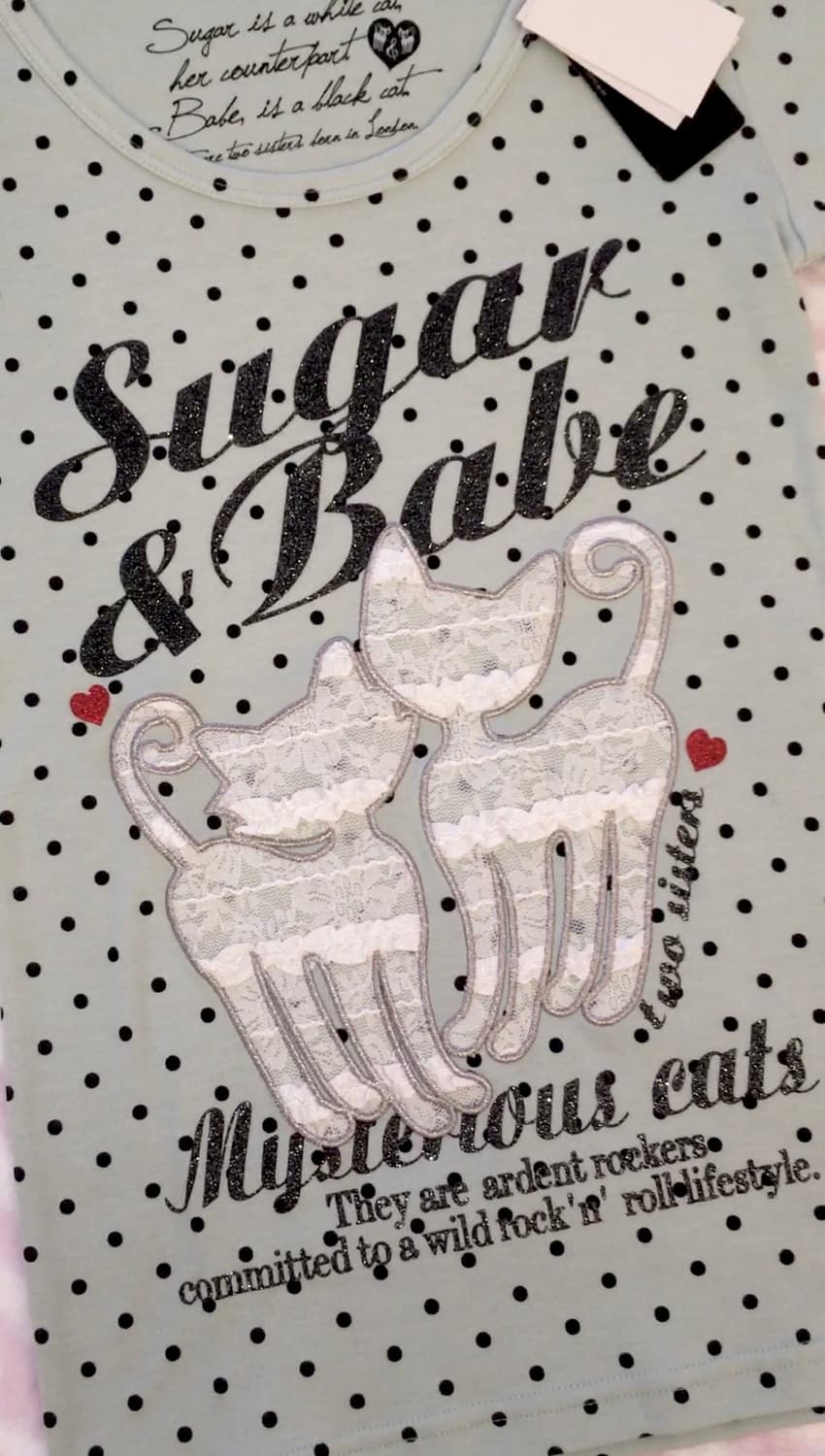 Sugar&Babe 민트도트 레이스 트윈캣 티셔츠 갸루 핀터레스트 상품이미지5
