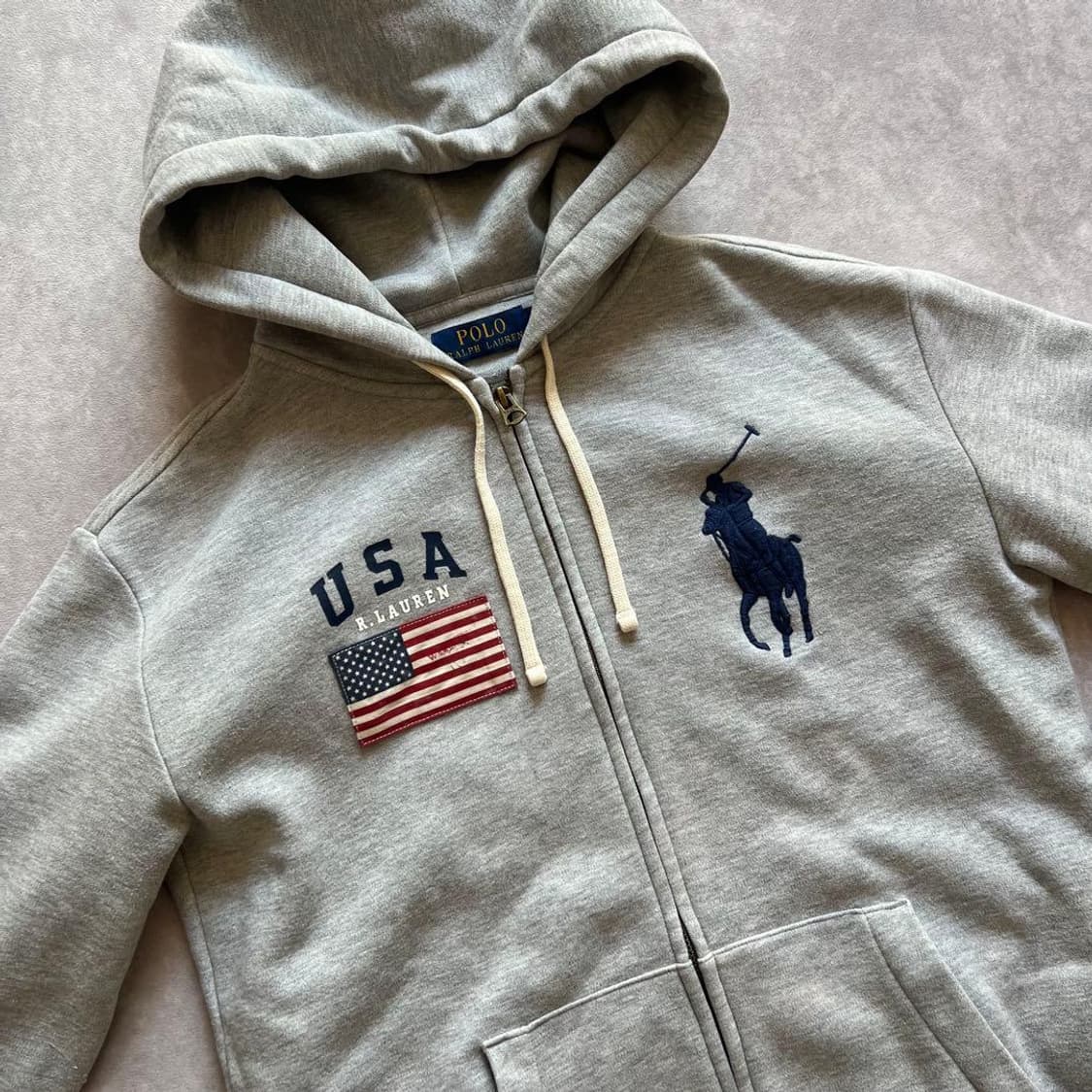 폴로 랄프 로렌 빅포니 USA 성조기 패치 기모 후드 집업 그레이 상품이미지2