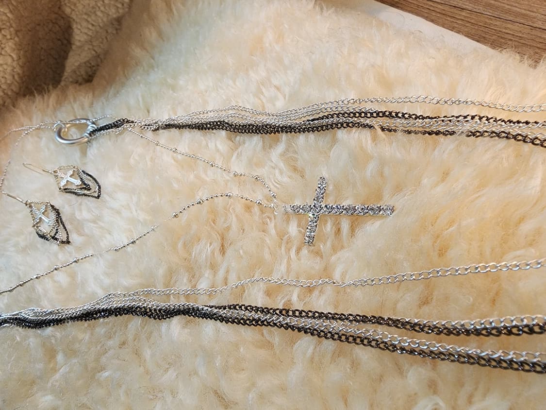 무광실버 레이어드 크로스 목걸이 귀걸이 세트 상품이미지5