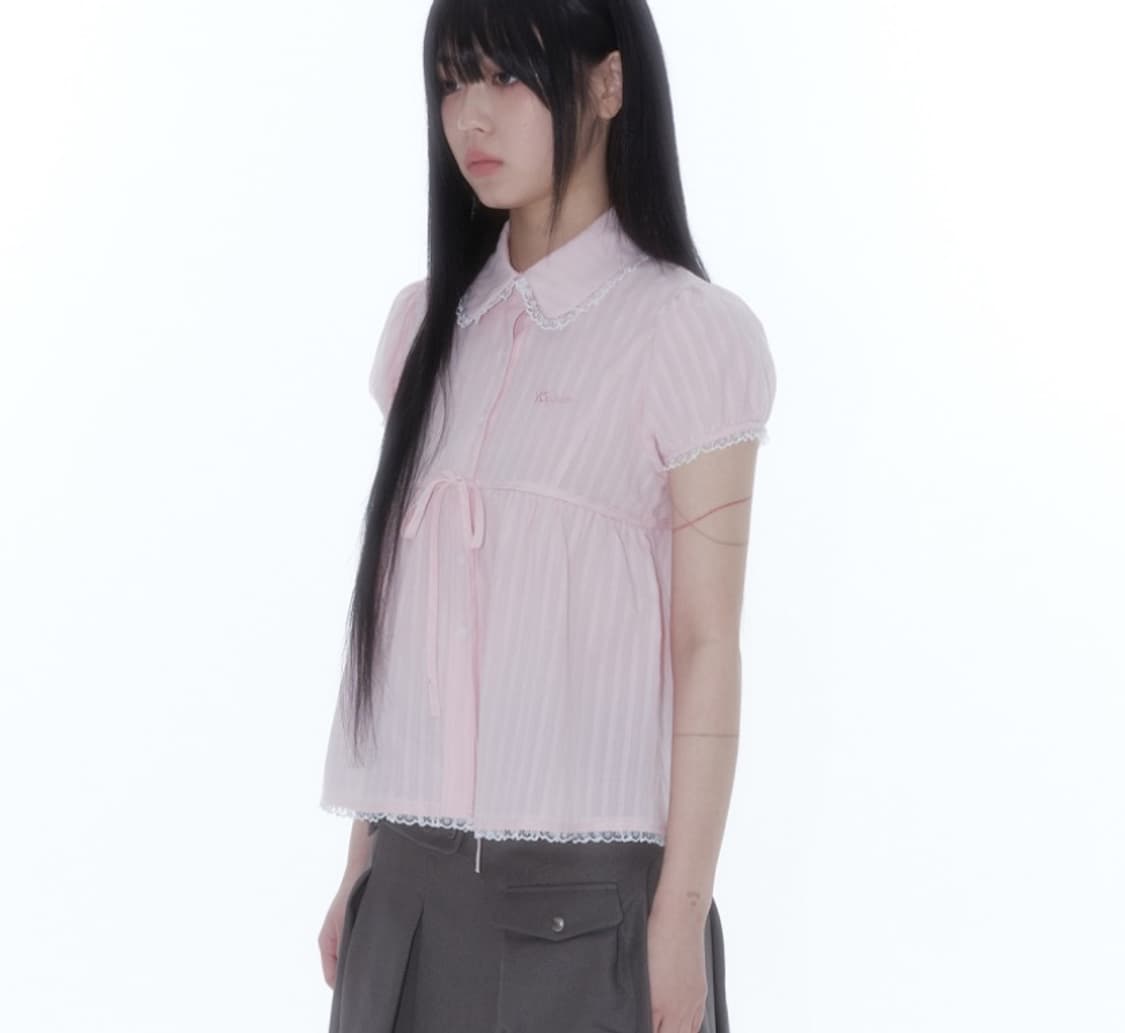 카시코 퍼프 슬리브 레이스 셔츠 핑크 상품이미지2
