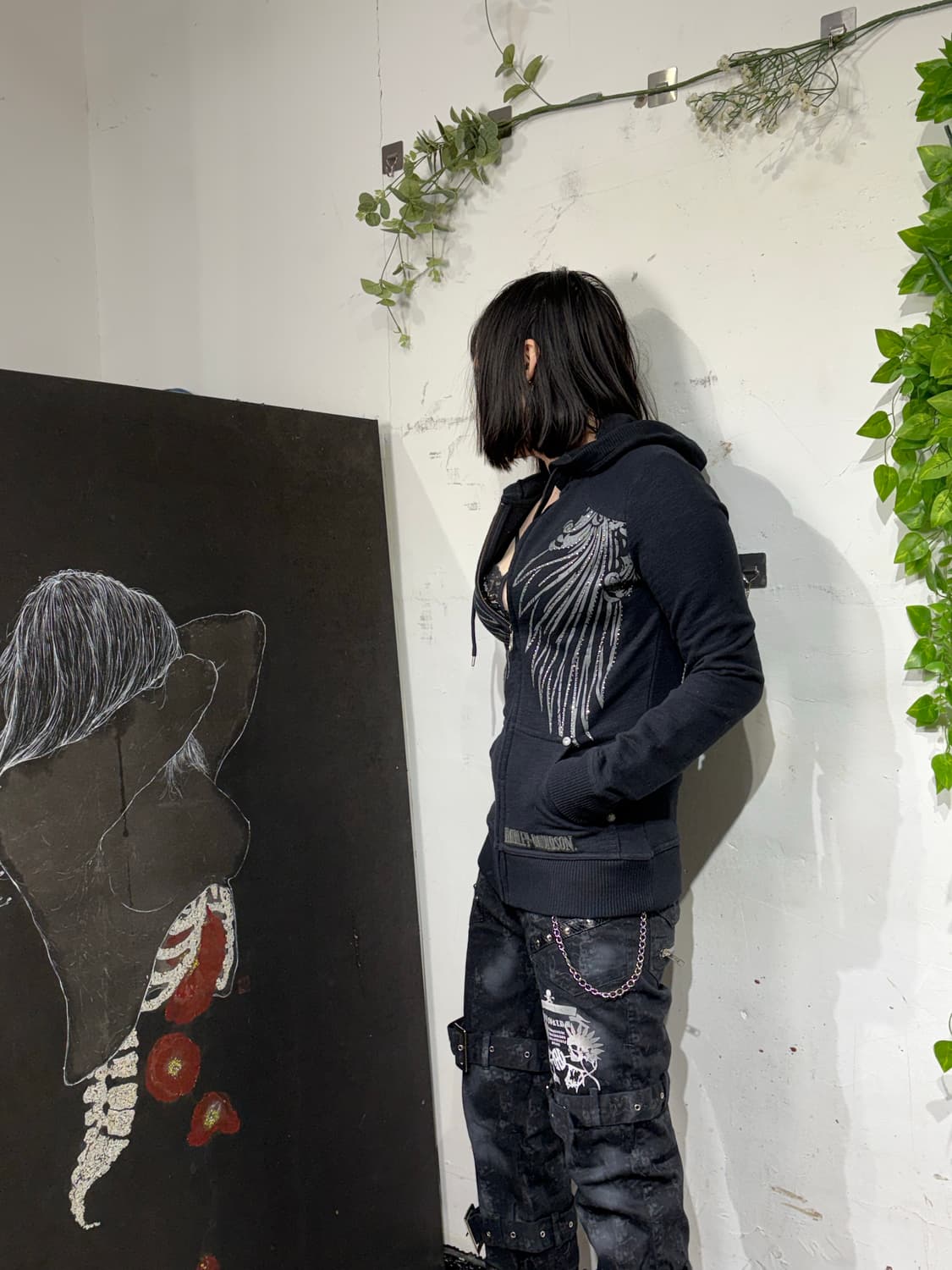 할리데이비슨 큐빅 y2k 날개 자수 후드 집업 XS 상품이미지1