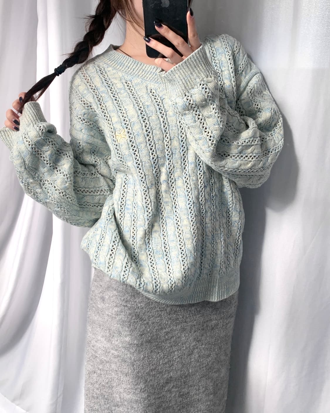 Satur 새터 자수로고 베이비블루 케이블 크로쉐 니트 상품이미지6