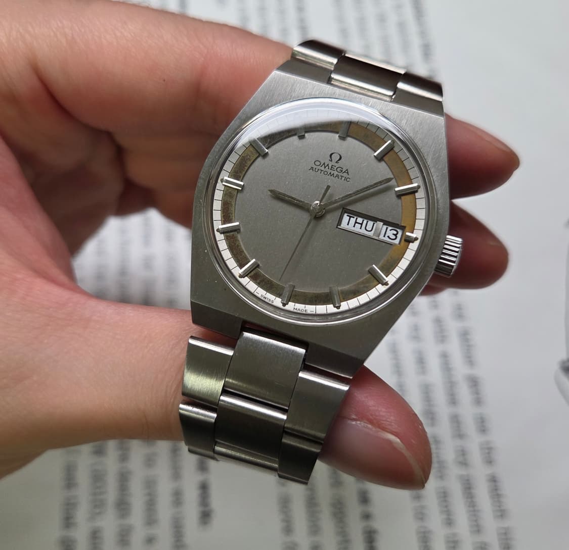 레어] 빈티지 오메가 제네브 데이데이트 희귀 동심원 다이얼 통줄 브레이슬 상품이미지5