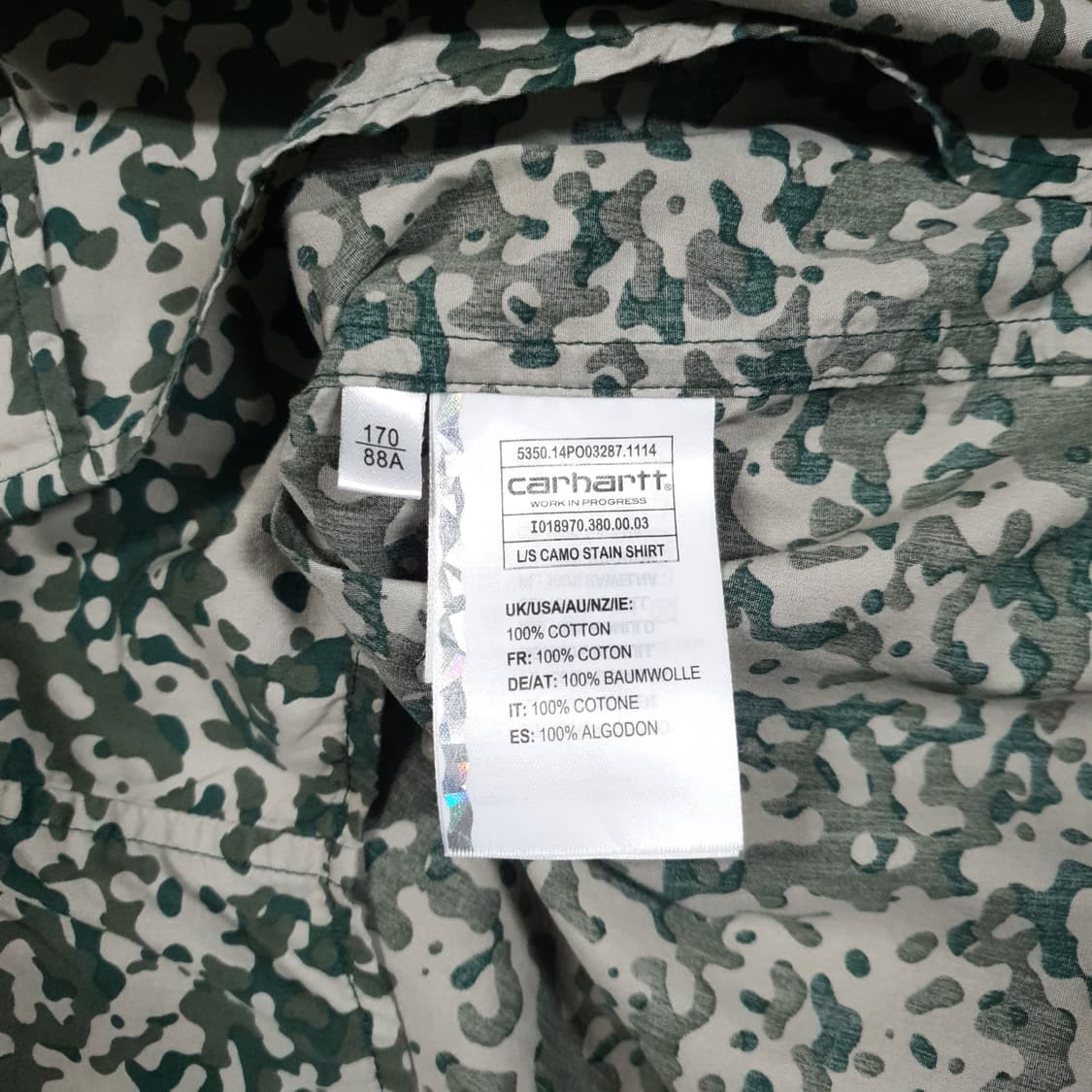 실측 M (95) 칼하트 카모 스테인 밀리터리 포켓 셔츠 긴팔 남방 상품이미지7