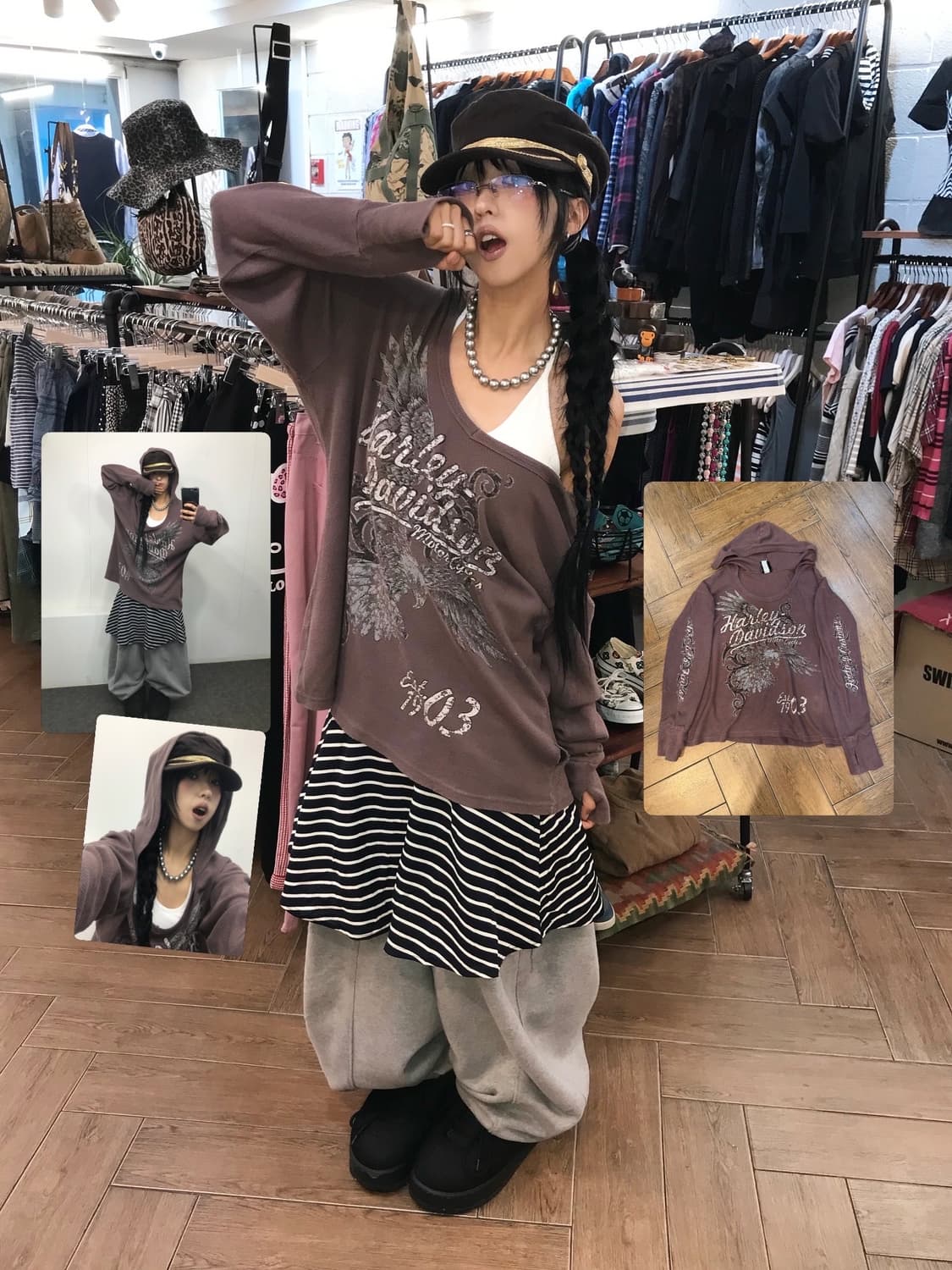 할리데이비슨 브라운 후드 원숄더 큐빅 롱슬리브 ( 대장 ) 상품이미지1