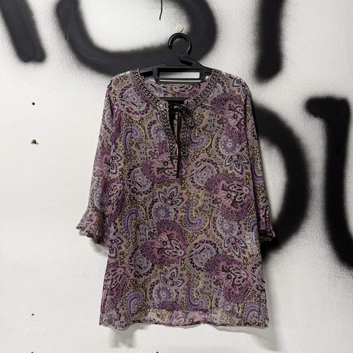 VTG 빈티지 리본 디테일 패턴 시스루 7부 롱 블라우스 탑 상품이미지1