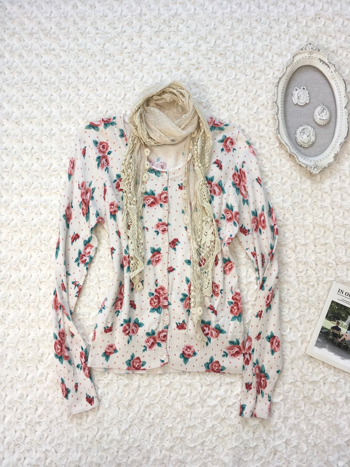 jpn vintage ivory rose dot lace cardigan 상품이미지6