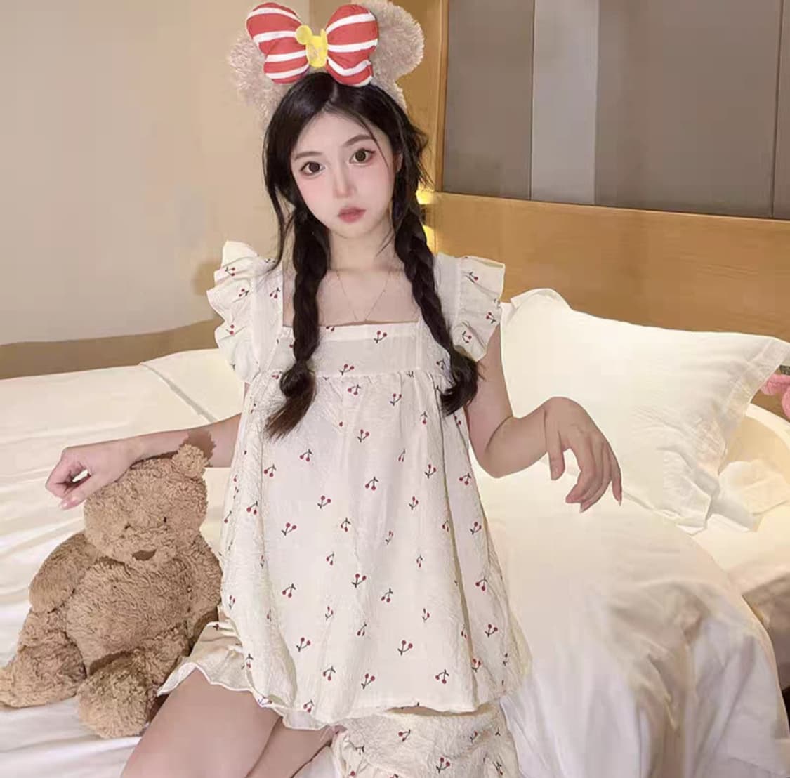 체리 패턴 프릴레이스 민소매티셔츠+팬츠 여성 잠옷 세트 파자마 상품이미지2