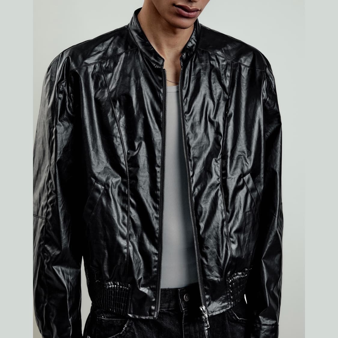 44) 엘무드 글레이즈드 바이커 크롭 코튼 자켓 블랙 상품이미지2