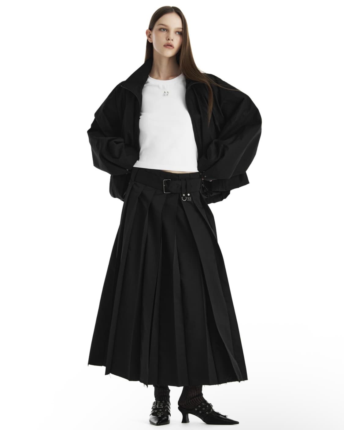 Belted Deep Pleat Skirt [Black] 상품이미지4