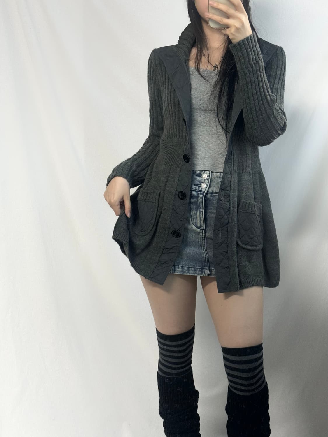 울 블렌디드 퀄트 디테일 셔링 롱 가디건 상품이미지6