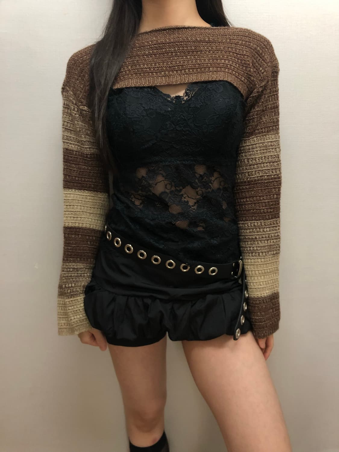 빈티지 브라운 스트라이프 크롭 니트 상품이미지2