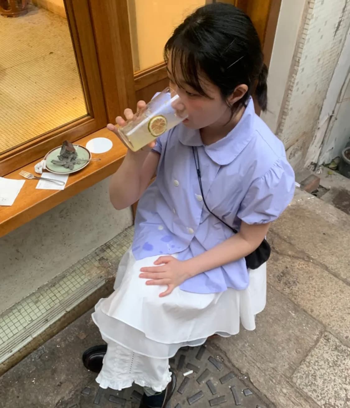 오헤시오 라운드 카라 더블 블라우스 블루 상품이미지1