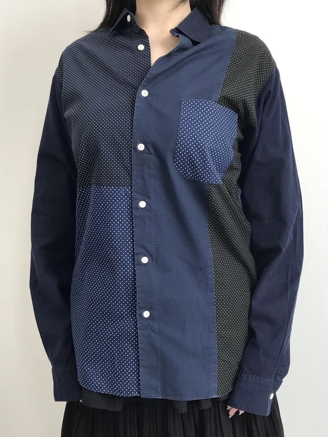 United Arrows Patchwork Dot Navy Shirt 상품이미지3