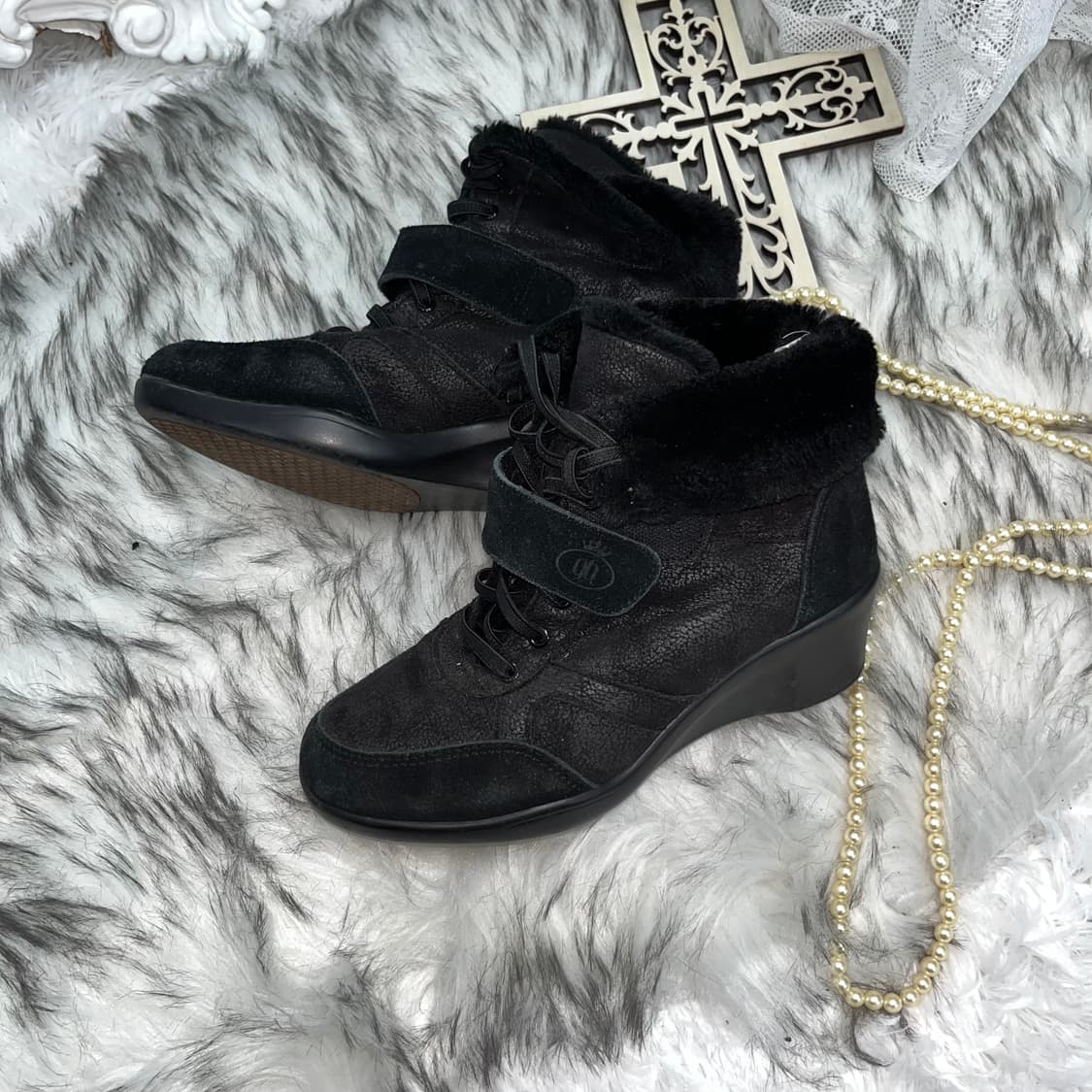 빈티지 퍼트리밍 웨지힐인부츠 상품이미지1