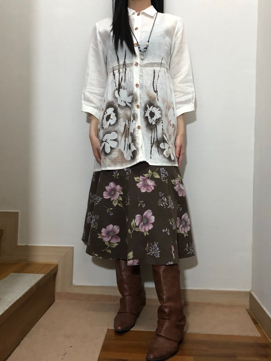 빈티지 브라운 플라워 미디 스커트 상품이미지4