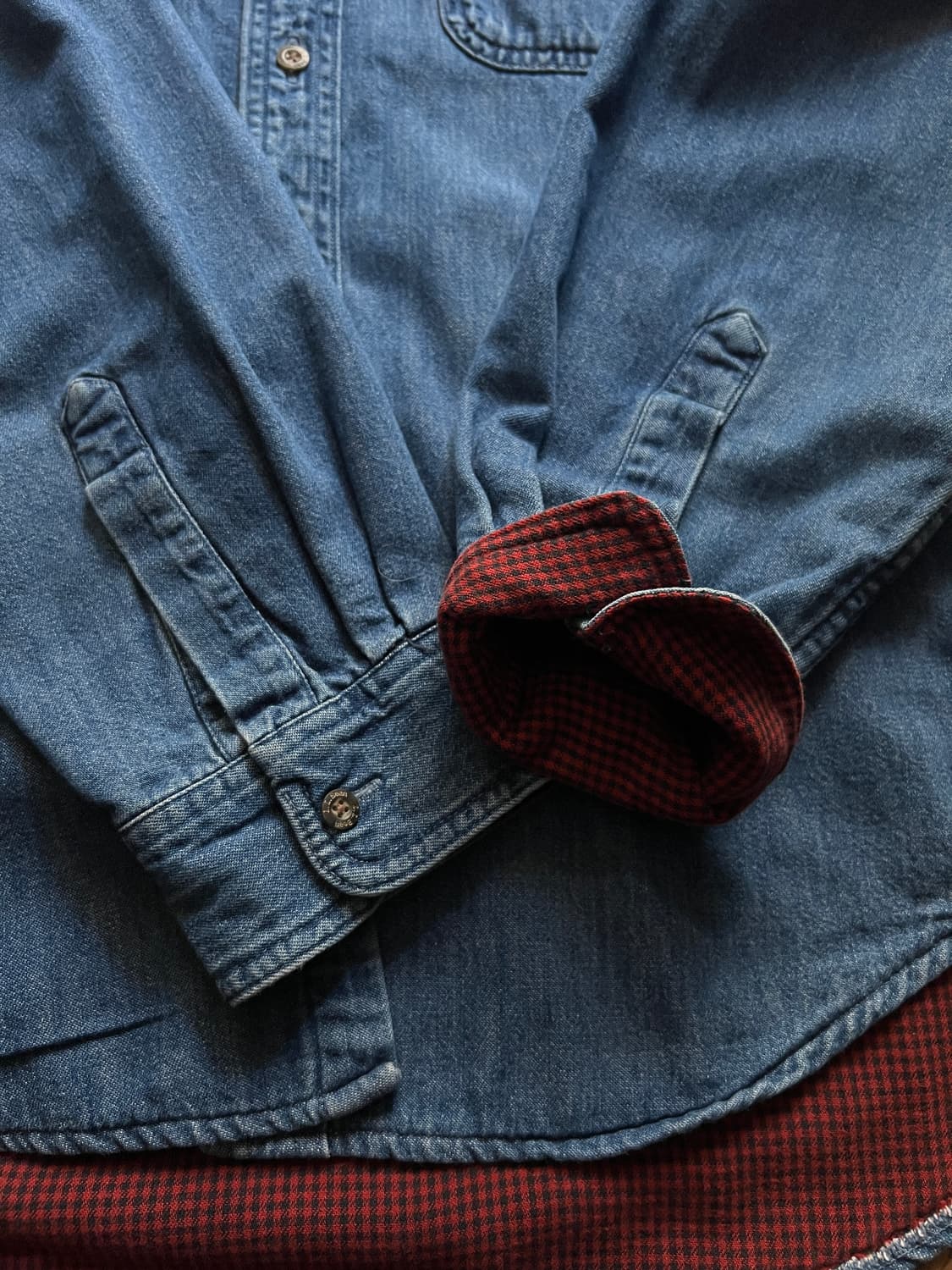 [XL]90's 엘엘빈 캐나다제 체크 라이닝 데님 워크 셔츠 상품이미지5