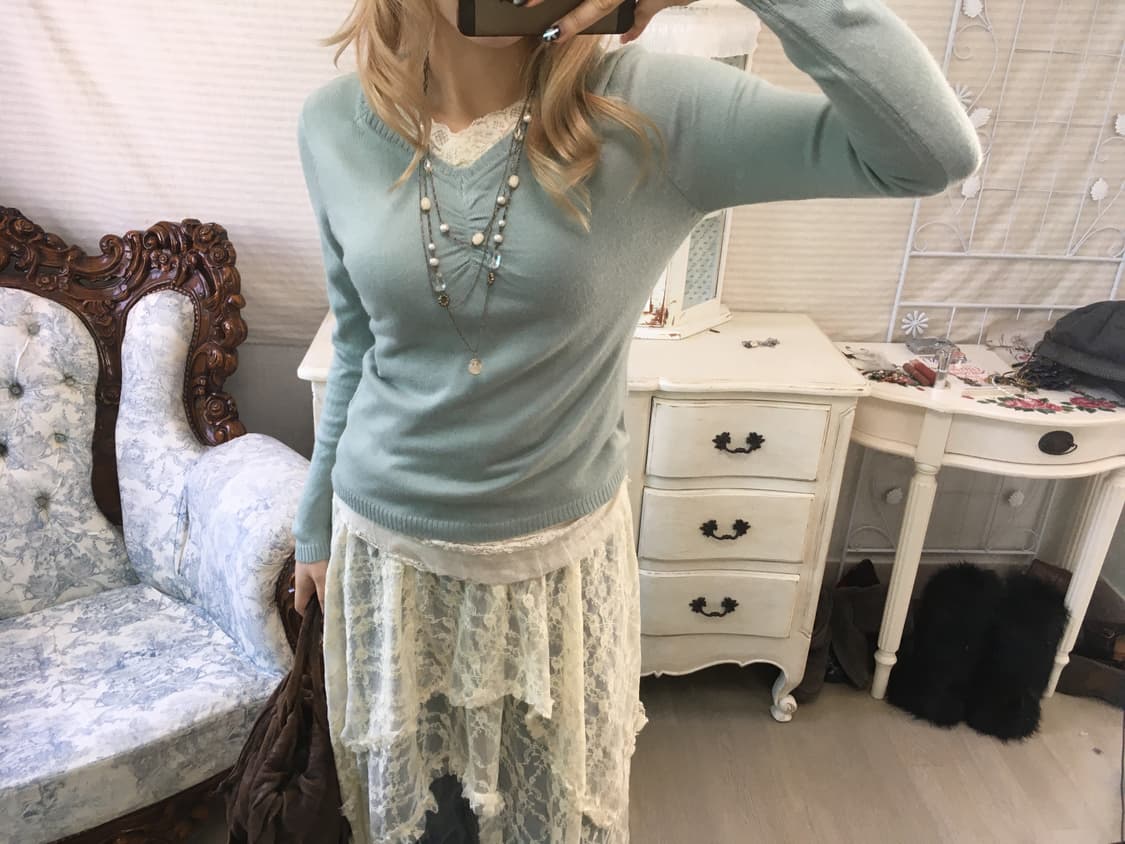 jpn vintage pale mint lace layered knit 상품이미지1