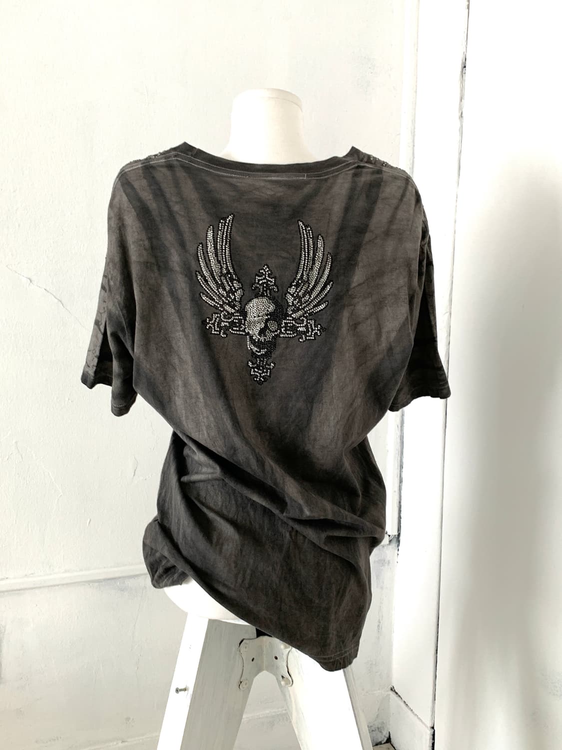 Washed gray rhinestone skull T-shirt 상품이미지5