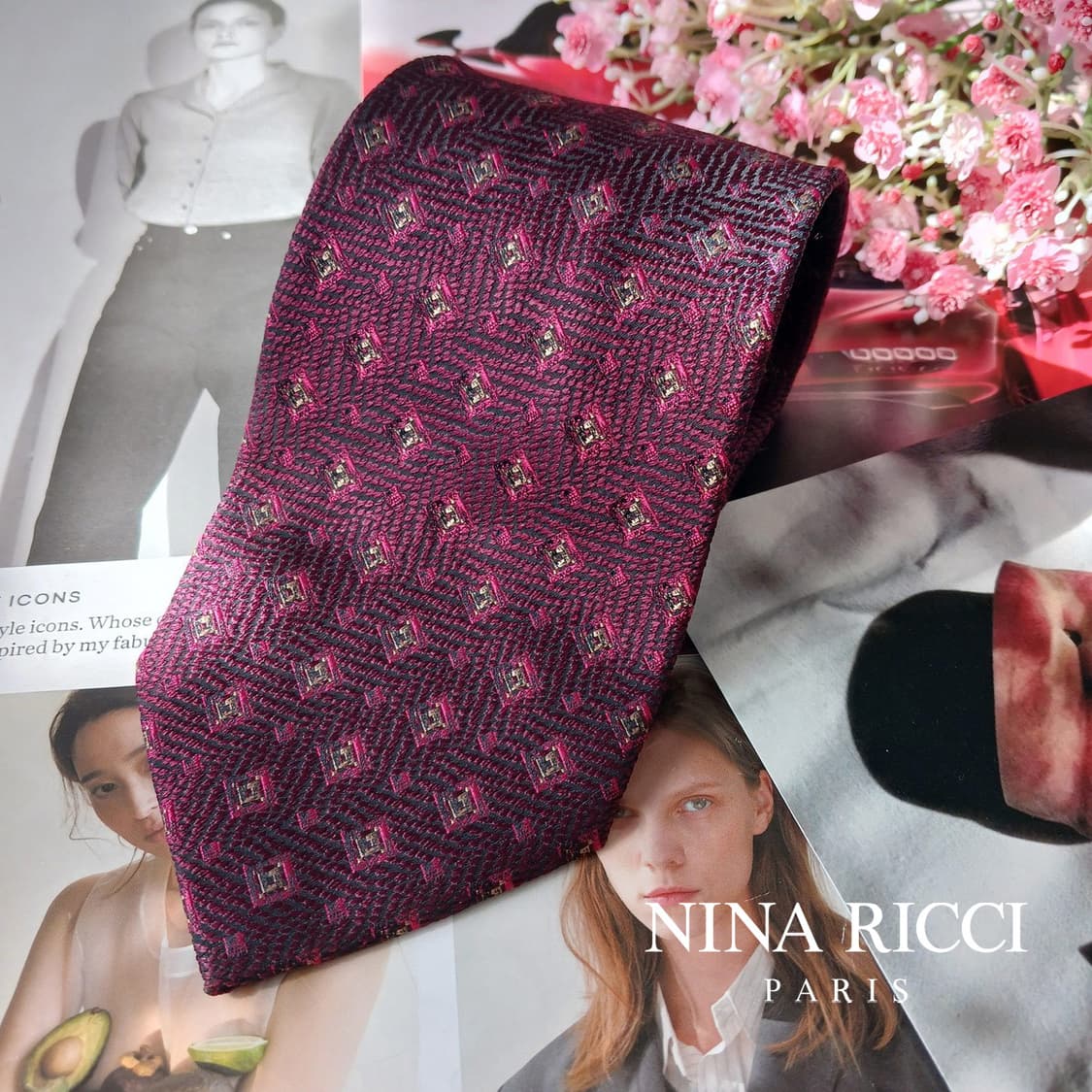 니나리치 실크 버건디 패턴 넥타이 9.7cm A+등급 A19886 상품이미지2