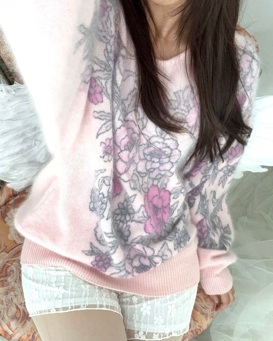 Baby pink wool flower knit top 상품이미지1